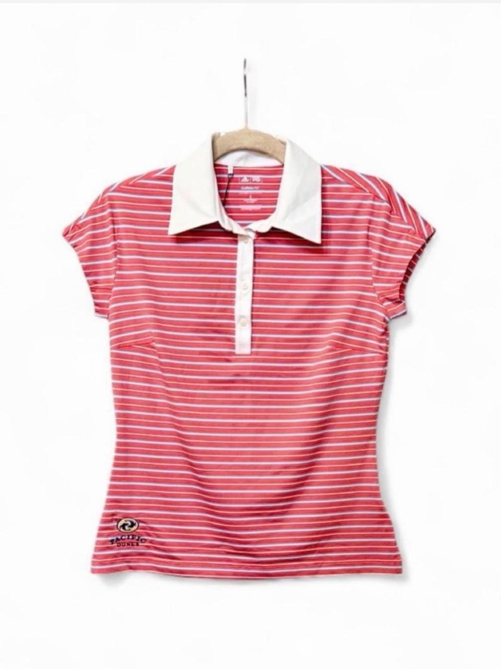 Adidas Golf Women's Pacific Dunes Fuchsia & White Striped Polo Shirt Size S NWT